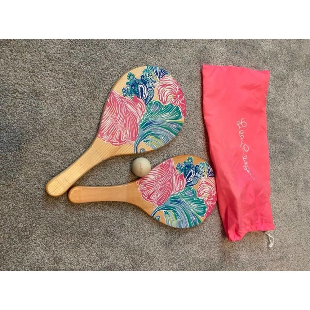 Lilly Pulitzer Beach Paddle Ball Set Pink‎ Blue Floral Wood Paddles with Bag